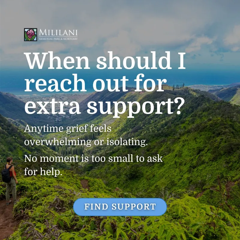 Facebook post over a green mountain valley: 'When should I reach out for extra support? Anytime grief feels overwhelming or isolating', with a Find Support button