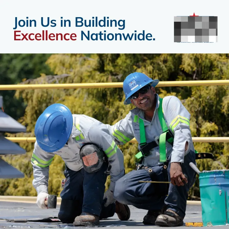 LinkedIn post: two roofers in hard hats and hi-vis kneeling on a rooftop, headline 'Join us in building excellence nationwide'