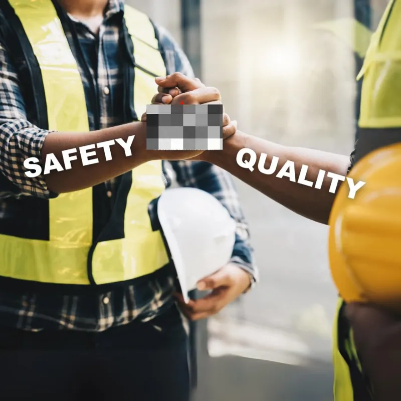 LinkedIn post: workers in yellow safety vests clasping hands, with the words Safety and Quality