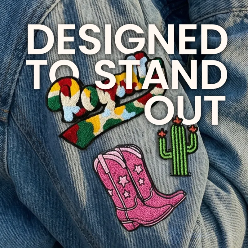 Organic post: embroidered cowboy boot and cactus patches on denim, headline 'Designed to stand out'