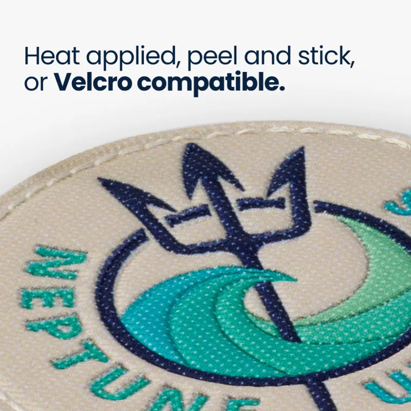 Organic post: a close-up of an embroidered trident patch, caption 'Heat applied, peel and stick, or Velcro compatible'