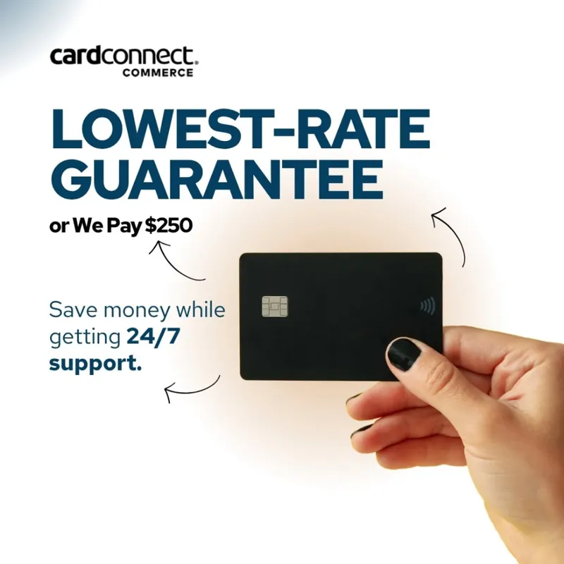 Organic post: a hand holding a black payment card, headline 'Lowest-rate guarantee or we pay $250'