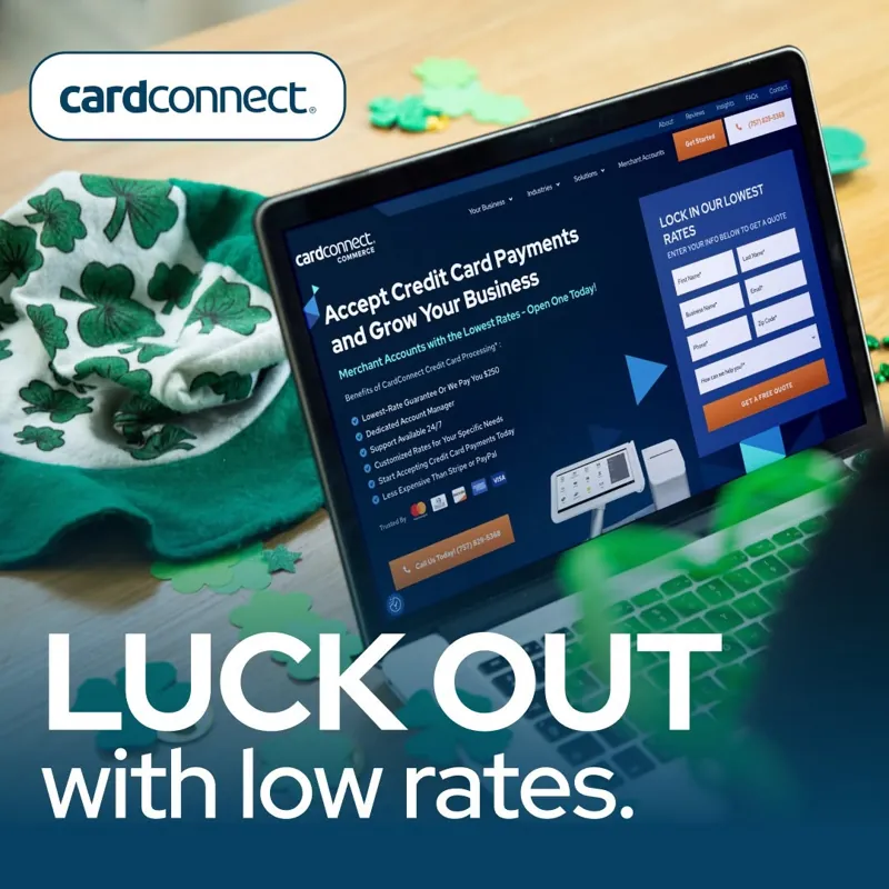 Paid social ad: a laptop showing a payments sign-up page among shamrocks, headline 'Luck out with low rates'