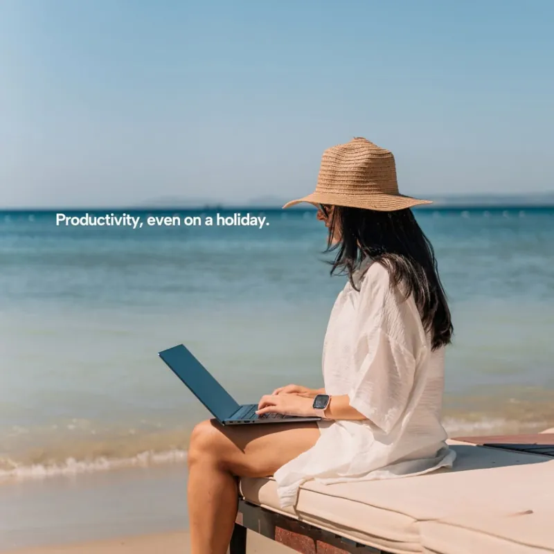 Organic post: a woman in a sun hat working on a laptop by the sea, caption 'Productivity, even on a holiday'