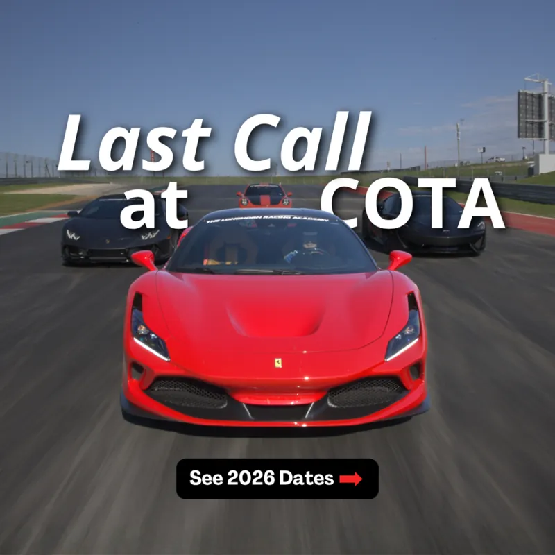 Paid social ad: a red Ferrari on a race track, headline 'Last call at COTA, see 2026 dates'